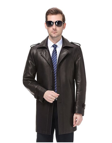 

pant winter men's leather long japanese and korean business coat black pu windbreaker jacket, Black;brown