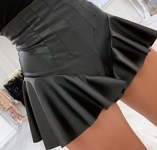 

skirts ruffles pu leather high waist womens fashion a-line mini skirt streetwear black winter casual ladies