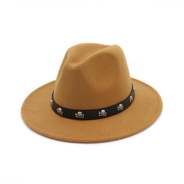 

wide brim hats vintage wool felt gambler fedora hat skull rivet leather decoration men women panama jazz formal cap, Blue;gray