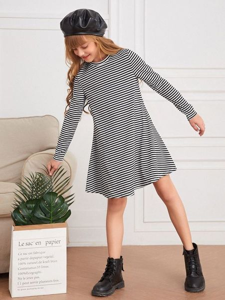 

girls striped print tee dress she, Red;yellow