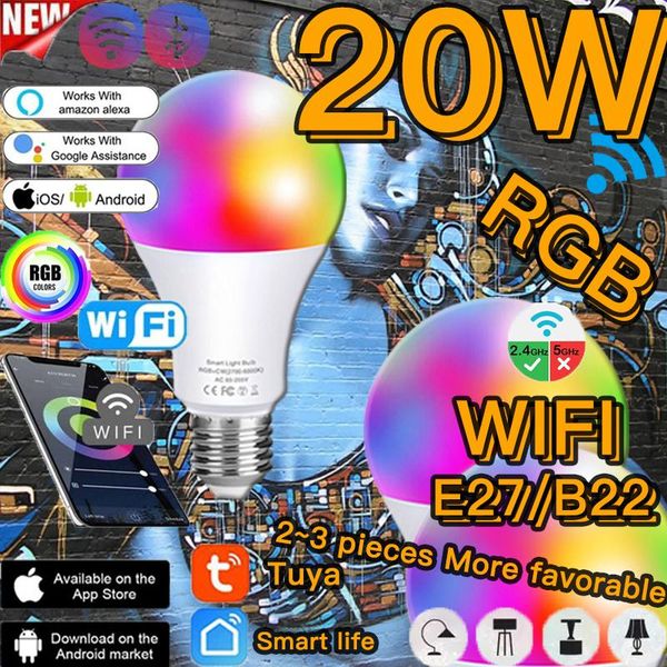 

bulbs e27 b22 wifi smart light bulb 20w rgb led magic lamp multicolor dimmable ac85-265v for google home alexa or ir remote control
