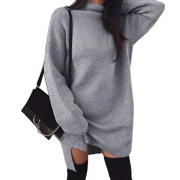 

casual dresses autumn winter knitted loose dress women turtleneck 2021 long sleeve sweater slit solid mini vestidos, Black;gray