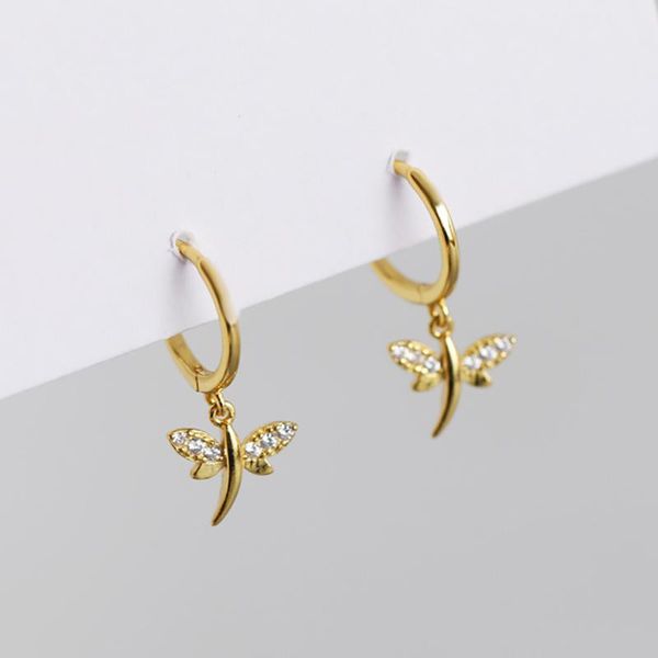

100% 925 silver round circle gold color punk style dragonfly pendant zircon hoop earring ear clip brinco bohemia pendientes 2021 & huggie, Golden;silver