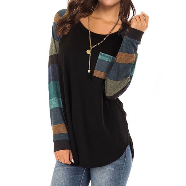 

autumn women long sleeve t shirt stripe patchwork casual loose fashion casual color block o neck tees with pocket, White
