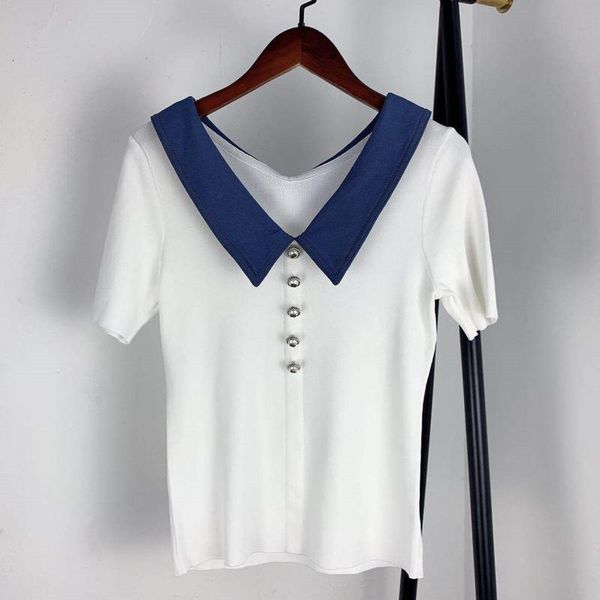 

women's sweaters 2021 women turn-down collar knitted sweater lady slim short sleeve color patchwork knitwear pullover with buttons, White;black