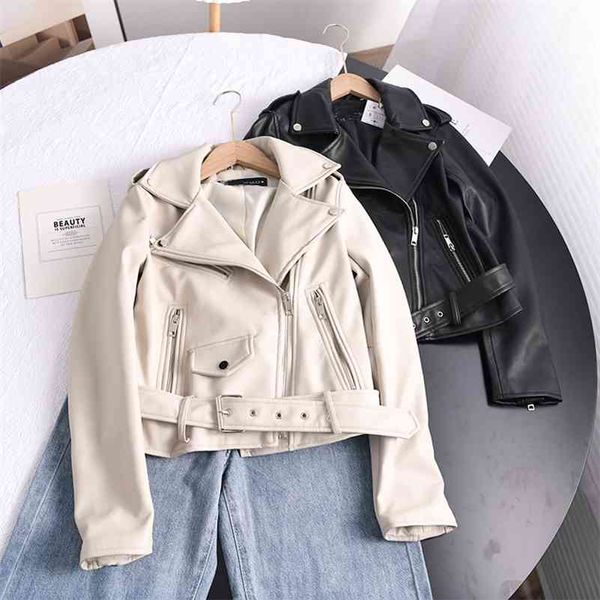 Ailegogo Frühling Herbst Weiche Kunstleder Kurze Jacke mit Gürtel Frauen Revers Pu Leder Mantel Schwarz Reißverschluss Moto Biker Outwear 210923