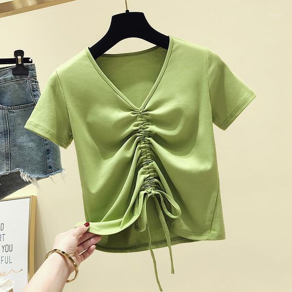 

avocado green and short sleeve t-shirt dress machine matcha v-neck draw string midriff cotton women's, White