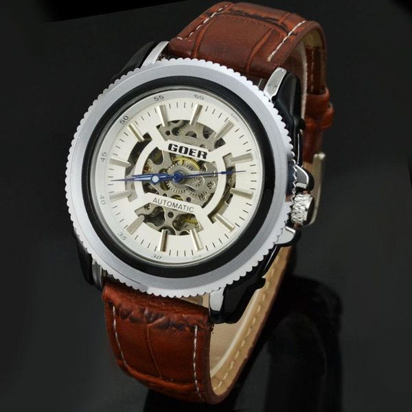 

watches men skeleton automatic mechanical wristwatches fashion relogio masculino, Slivery;brown