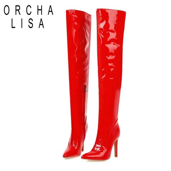

boots orcha lisa woman thigh high thin heels patent leather over the knee booties women's shoes big size, Black