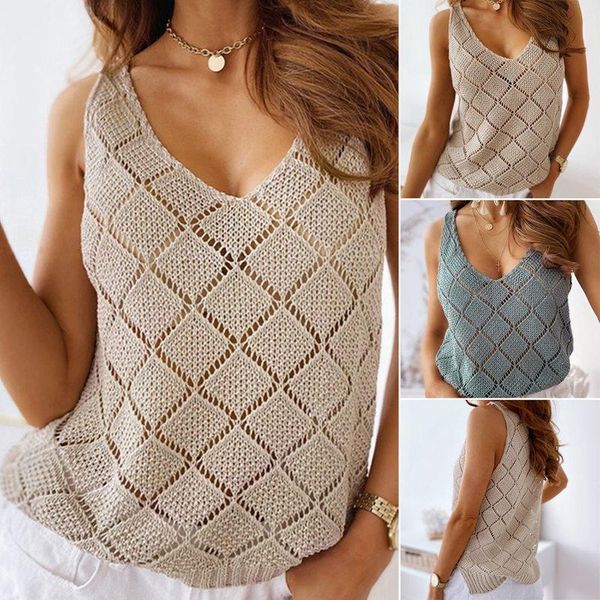 

women's tanks & camis v-neck hollow out all-match vest sweater-women diamond sling tank casual sleeveless knitted pullover loose vest|, White