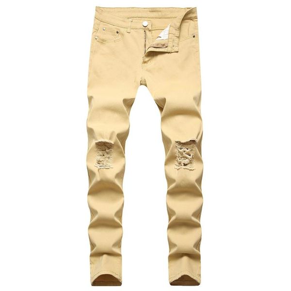 

men's pants fashion straight beggar trend denim casual elastic personality stretch ripped trousers 2021, Black