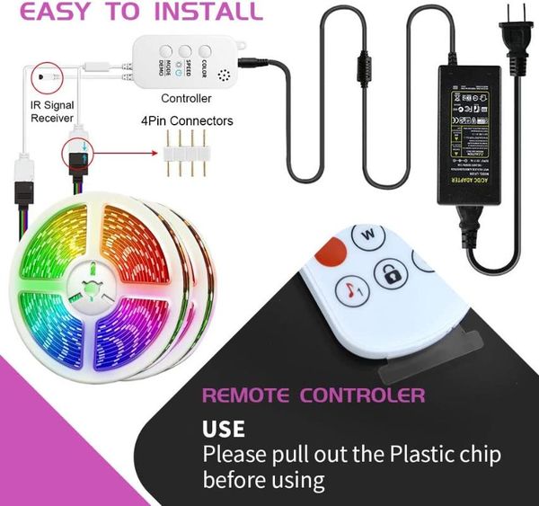 

65.6ft 600 lights led light strips color changing rgb with bluetooth music sync app remote controller, wall lights, rope l