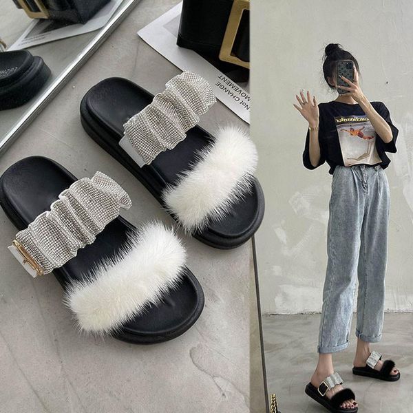 

slippers summer wear women's fur 2021 mink flip flop sparkling diamond sandals thick bottom, Black
