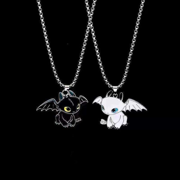 

cartoon necklaces black and white night evil double dragon personality hip hop couple friends gift pendant necklace, Silver