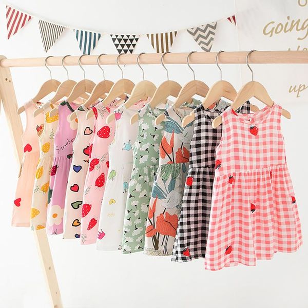 

children summer dresses kids baby girls sleeveless flower print cotton and linen floral a-line dress beach girl's, Red;yellow