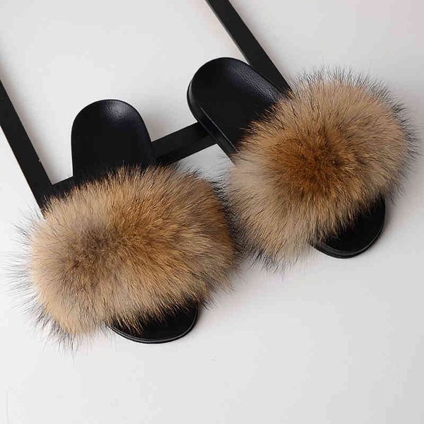 

slippers fur flip flops women fluffy house raccoon slides ladies sandals with female home shoes summer indoor bf0p, Black