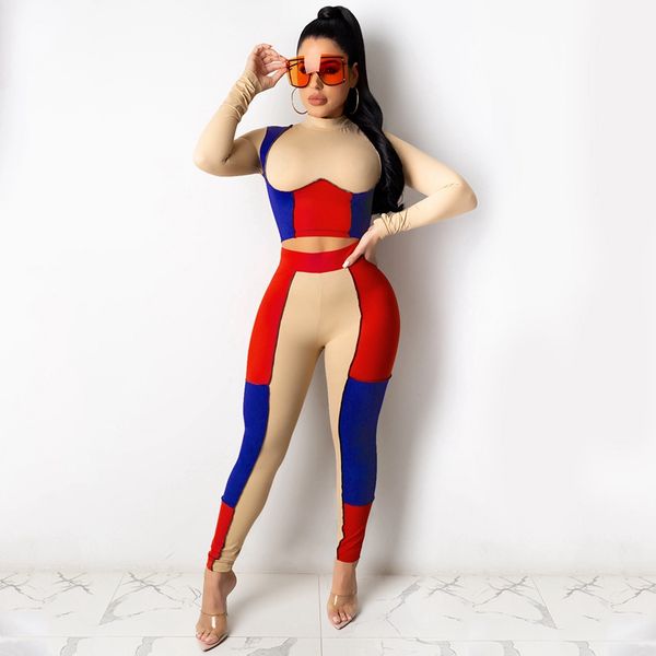 

color patchwork women casual two piece set tracksuit women crop and pants set bodycon 2 piece set club outfits for women, Black;white