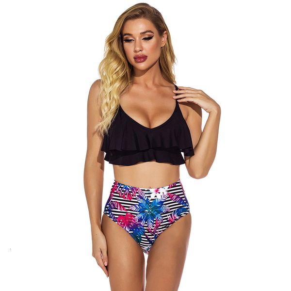 

with 2021 ruffle new strap and high waist split swimsuit bikini for women, White;black