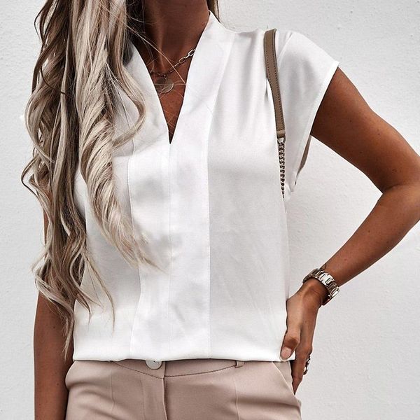 

women's blouses & shirts summer white v-neck short sleeve blouse solid patchwork office ladies casual 2021 loose female