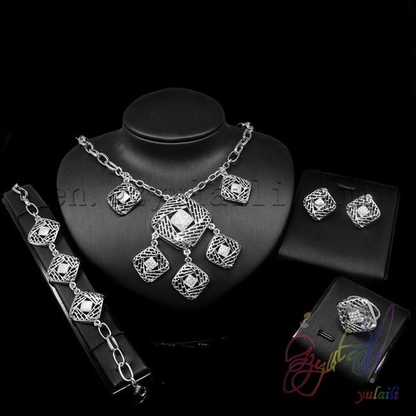 

earrings & necklace 2021 women square shape jewelry sets for party sale american latest silver plated rhinestone