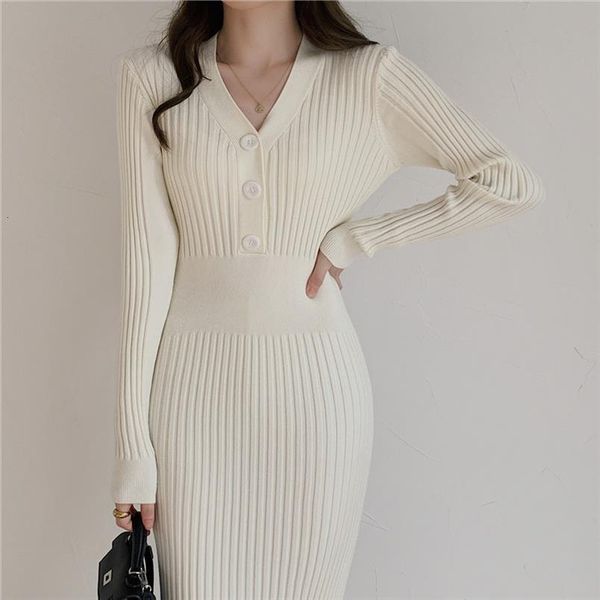 

knitted long sleeve slim womens dress bodycon autumn korean elegant fall winter button v neck sweater midi ribbed c216, Black;gray