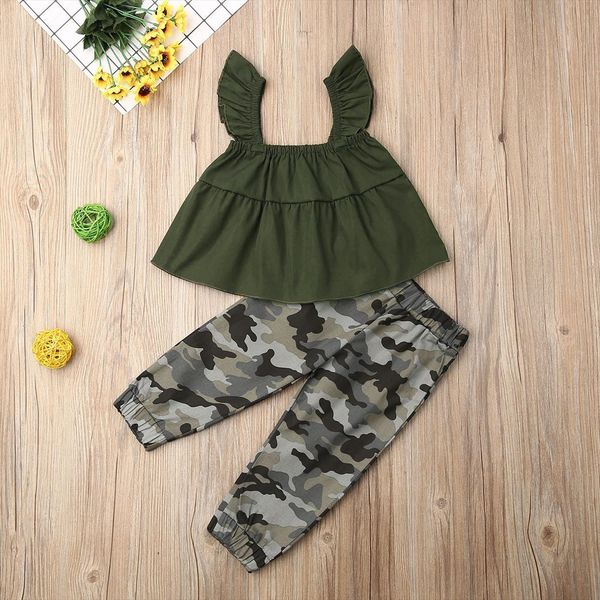 

toddler baby girl clothes solid color sleeveless ruffle crop camouflage print long pants 2pcs outfits set, White
