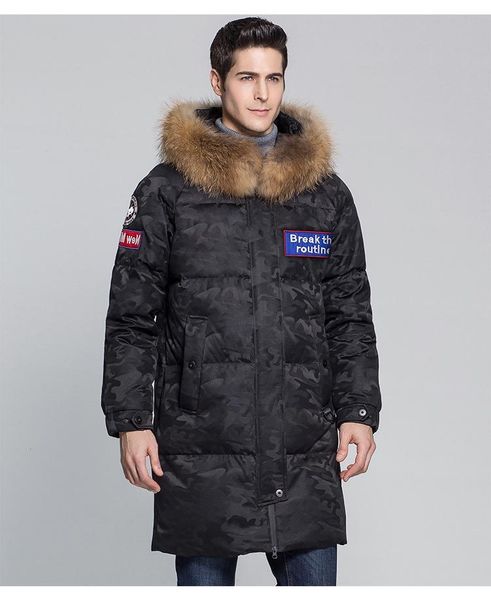 

downs japanese korean high-quality canadian men's long winter waterproof outdoor down jacket, real fur and windproof, Black