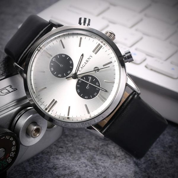 

wristwatches brand cagarny watches men quartz wrist watch luxury leather strap date casual mens sports relojes hombre male clock, Slivery;brown