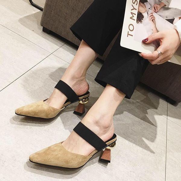 

fashion women slippers slides high heels slip on elastic band mules shoes black beige party summer pumps size 35-39