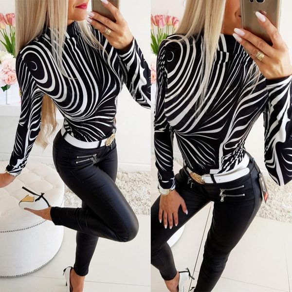 

women's t-shirt slim fit printed long-sleeved stand collar womens shirts, White