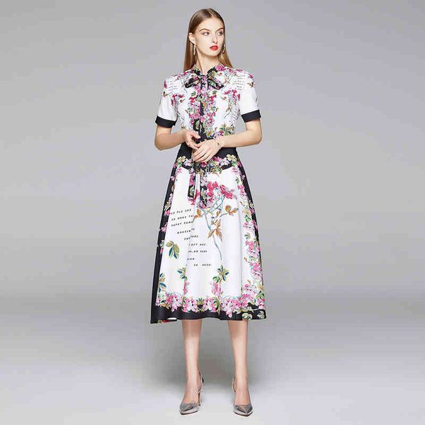 

casual dresses vintage floral print midi long women boho short sleeve bow collar hit color flower female shirt r8jf, Black;gray