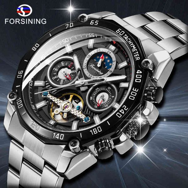 

brand luxury forsining men automatic military clock tourbillion stainless steel calendar lighting, Slivery;brown