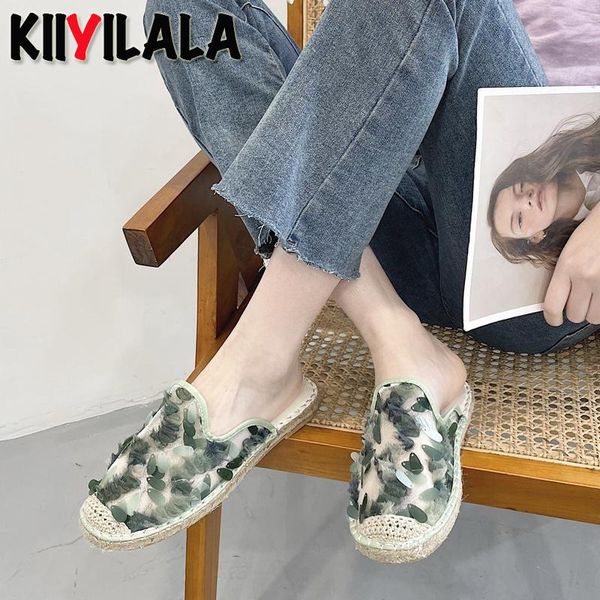 

slippers kiiyilala 2021 half women summer flat heel breathable cool sequined slides flip flops mules, Black