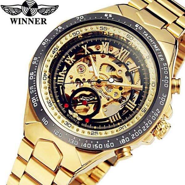 

winner automatic mechanical watches men's gold luxury stainless steel wrist watch men sport skeleton military army clocks gift wristwat, Slivery;brown