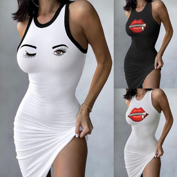

summer dress funny eyes lips womens tanks knitted bodycon sleeveless mini clubwear, White