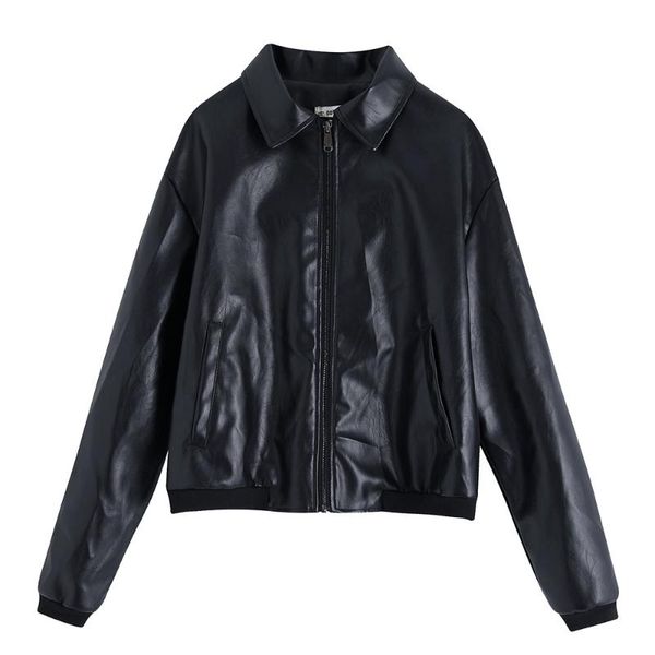 

women's leather & faux autumn jackets women 2021 fashion turn-down collar long sleeve jacket pockets zipper casual black pu