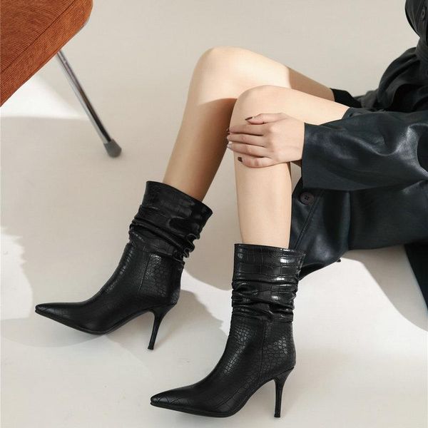 

boots ladies motorcydes women autumn folds microfiber winter street fashion stiletto loose women's shoes, Black