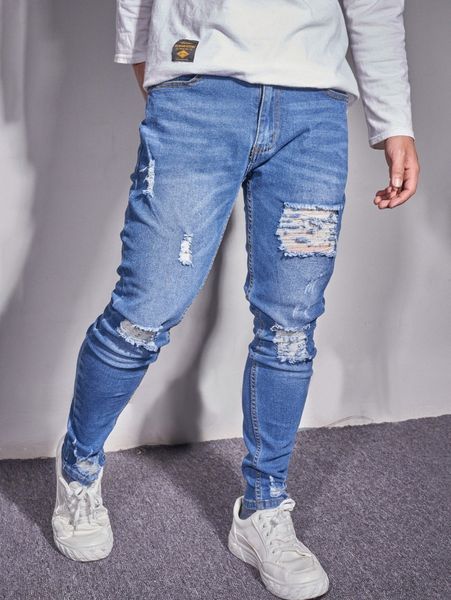 

men ripped frayed cat scratch skinny jeans b4m7#, Blue