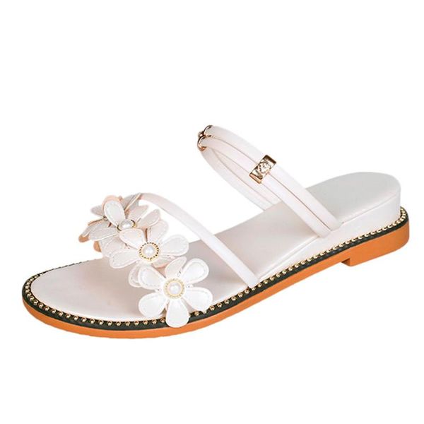 

dress shoes women's sandals flat bottom toe wedge with two wearing flowers casual beach summer style 2021, Black