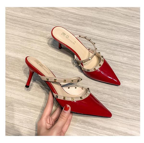 

dress shoes patent leather women pointed toe high heels rivet pumps ins fashion summer party for, Black