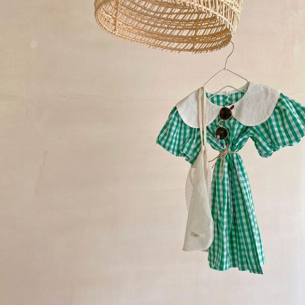 

girl's dresses korean children's clothing 2021 summer plaid cotton bubble sleeve lapel girls' dress, Red;yellow