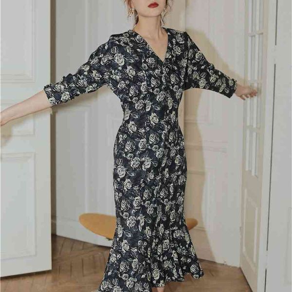 

casual dresses black rose print vintage women autumn v neck floral ladies bodycon long classy korean fashion clothing ll9g, Black;gray