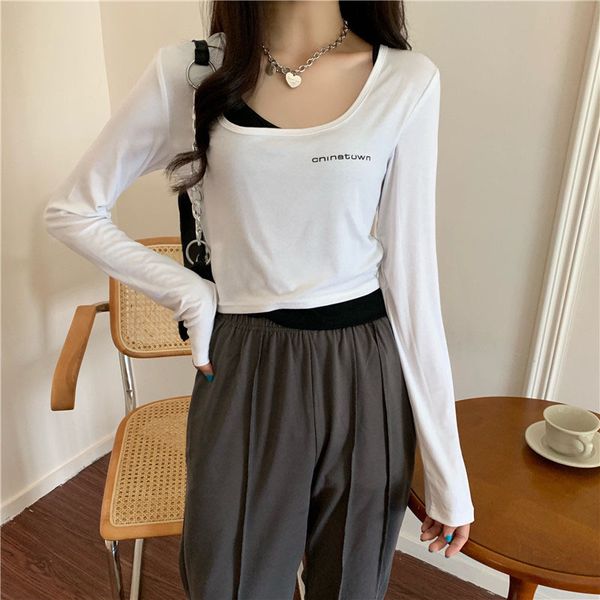 

women's tees t-shirt early autumn net red dign fake two long sleeve t-shirt's slim fit short upper cloth ins bottoms fashion, White