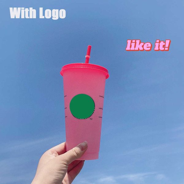 

straw cup, lid with trademark, reusable color changing coffee cup, matte plastic cup, 710ml