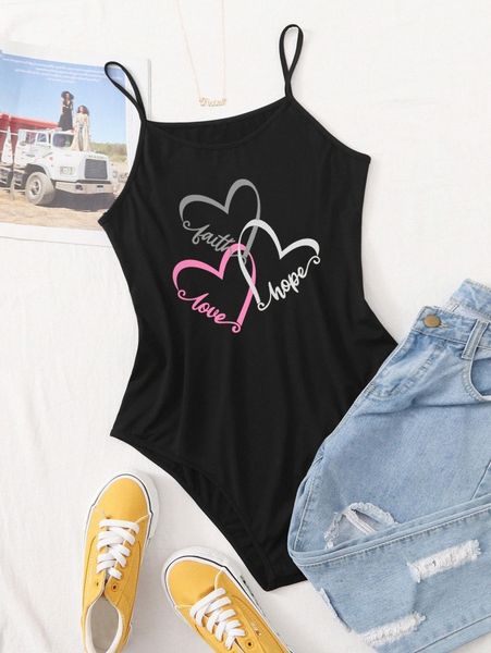 

plus heart & letter graphic cami bodysuit o5zh#, Black