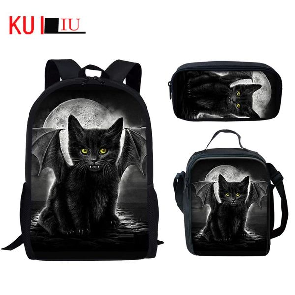 

backpack cartoon-cat women's men bat 3d print children's school bags set teen girls boys custom satchel lunch bag pencil case