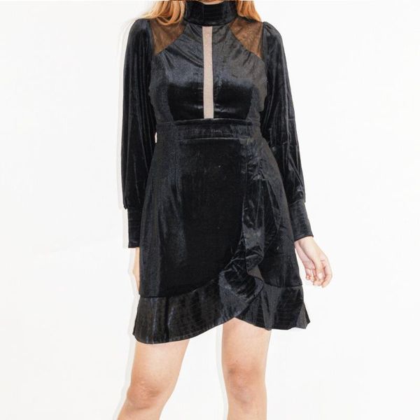 

casual dresses patchwork mesh see through velvet ruffled fishtail hem stand neck long sleeved slim party dress, Black;gray