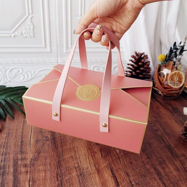 

gift wrap 5pcs 22x15x7cm cake box color paper bronzing with partition leather handle chocolate candy gifts bag decor party package