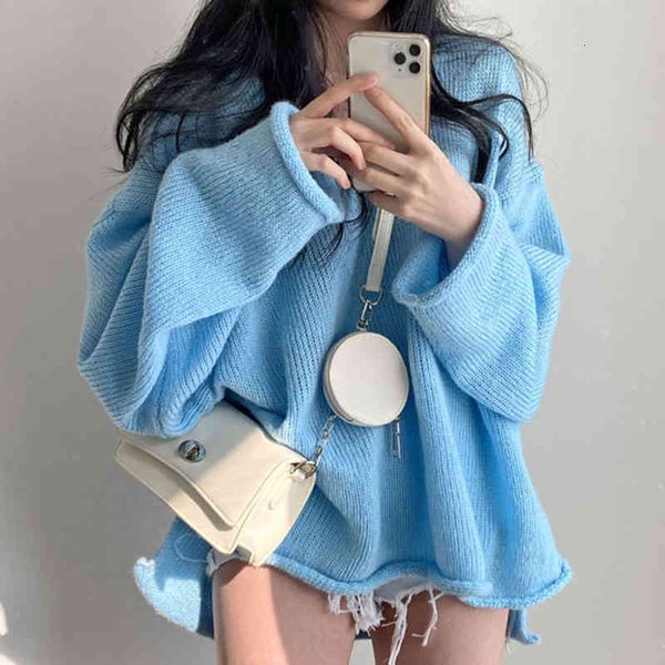 

women's sweaters [ewq] fashion korea chic blue knitted pullovers women autumn v-neck crimp loose long sleeve sweater female 16e3201 ctb, White;black