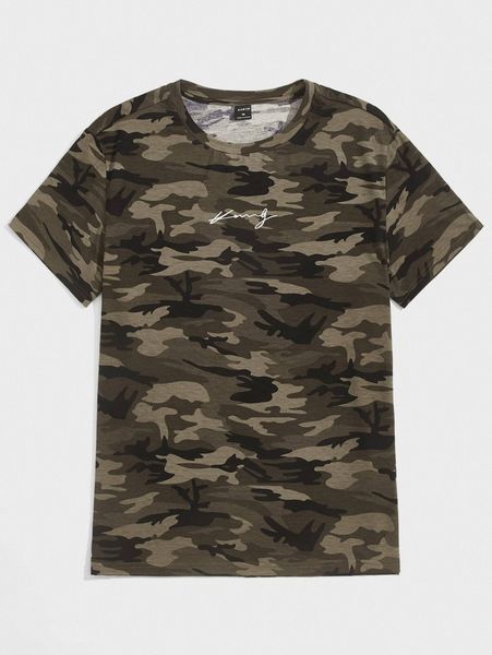 

men drop shoulder camo & letter pattern tee m78j#, White;black